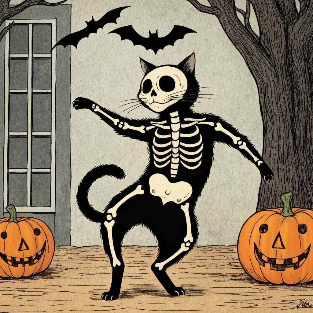 Style of Tenniel, a black cat made up as a skeleton dancing ...