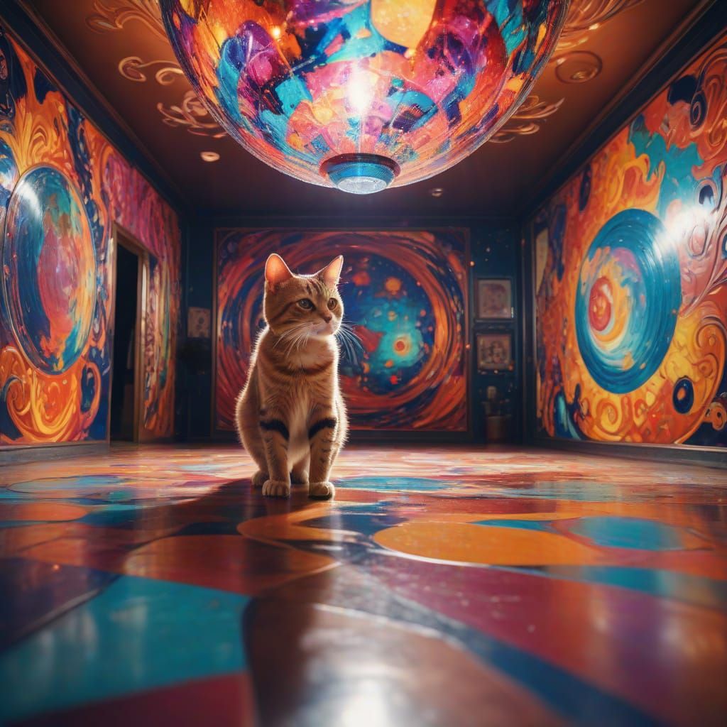 Surrealist Cat Disco Scene in Vibrant, Dreamlike Colors