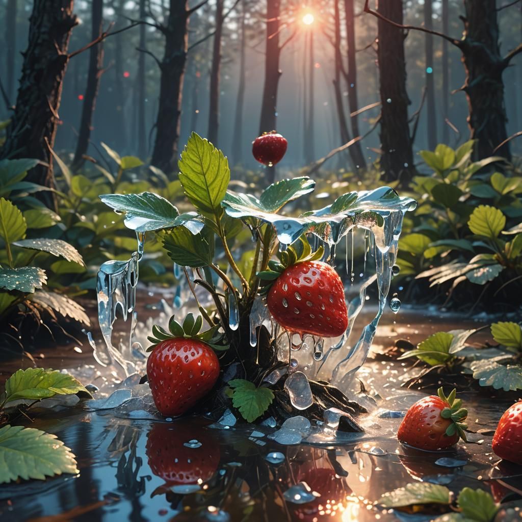 Strawberry Splash in Mystical Forest: Concept Art