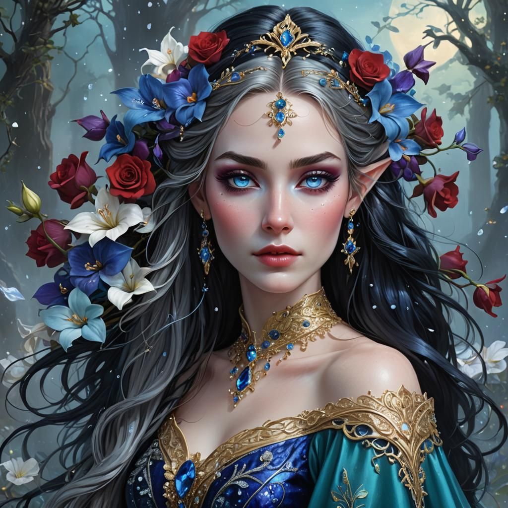 Elven Woman with Roses and Sapphires in Fantasy Setting