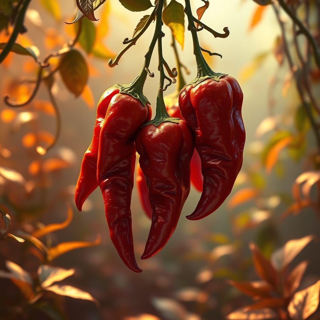 Surreal Chipotle Peppers in Vibrant, Dreamlike Garden
