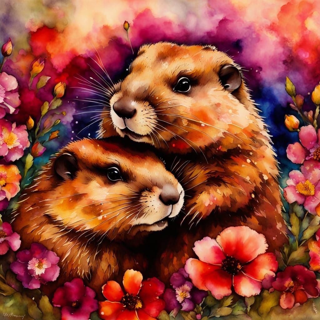 Adorable Groundhogs Snuggling in Flowers - Alcohol Ink Style