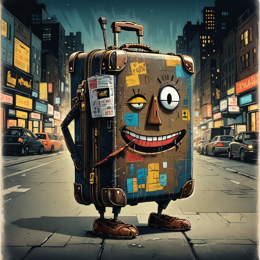Anthropomorphic Suitcase Illustration in Basquiat Style