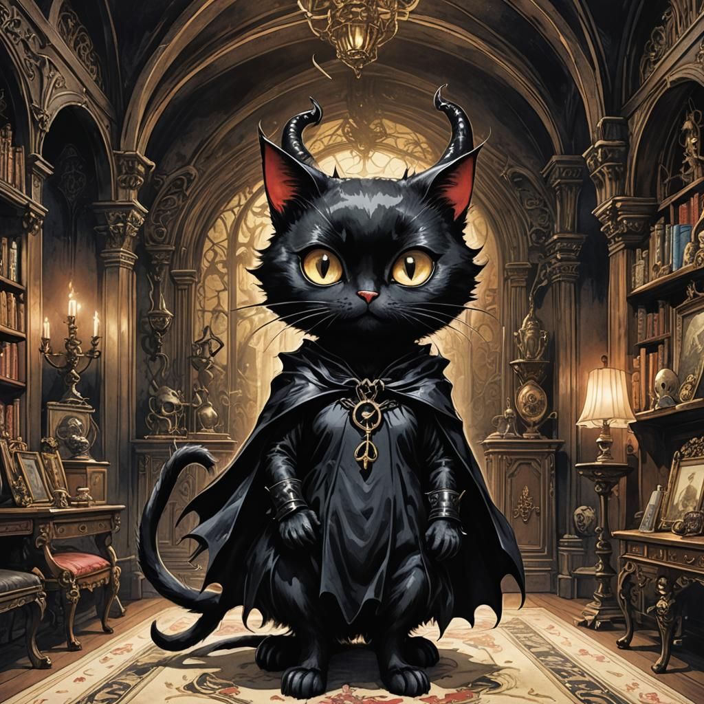 Whimsical Goth Cat in a Spooky Gothic Room