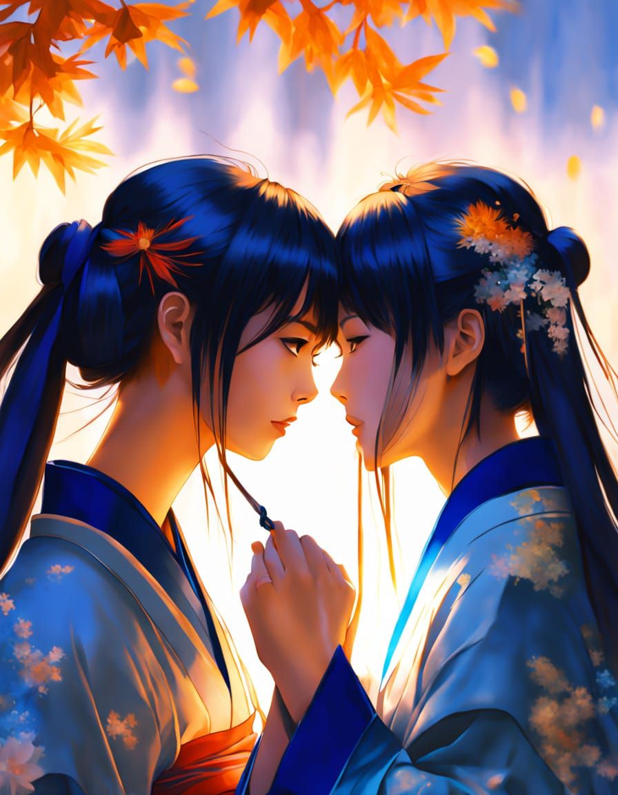 Traditional Japanese Women Share a Tender Kiss in a Dreamlik...