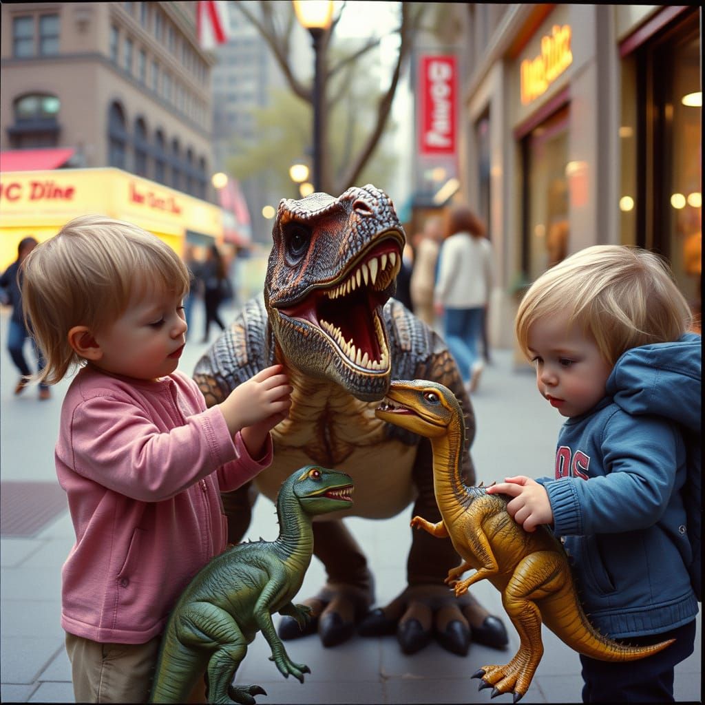 Children Feed Dinosaurs on 5th Avenue: Cinematic Still
