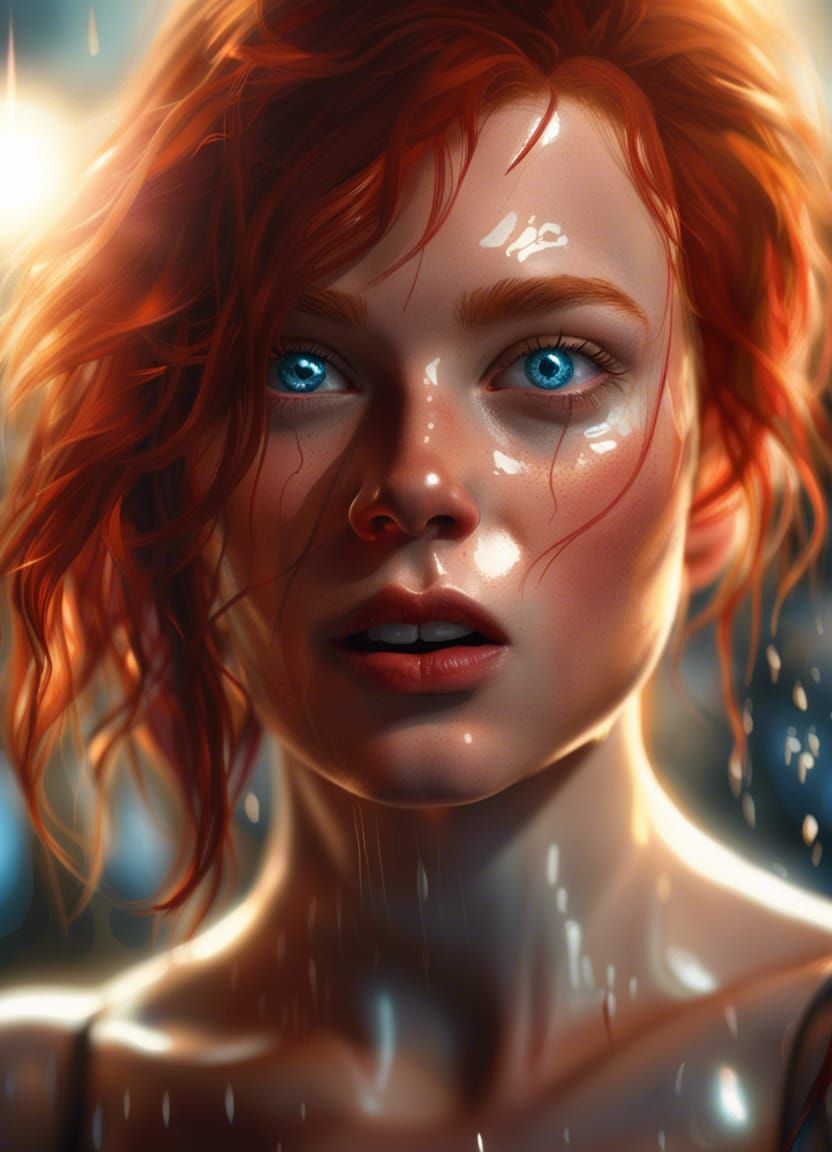 Redhead Woman in Latex Bra, Hyperrealistic Art