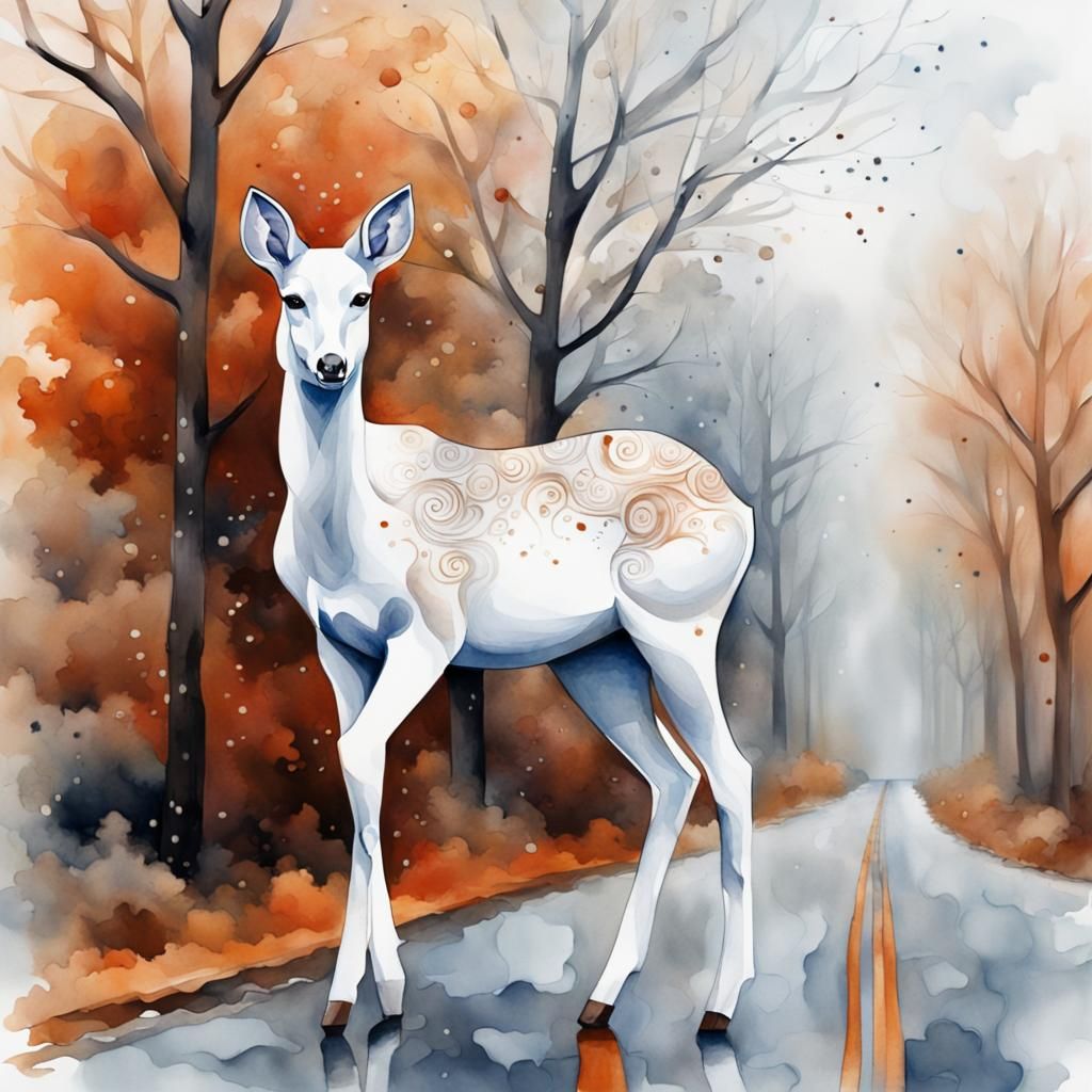 Doe Family Crossing Street in Abstract Aquarelle Sketch