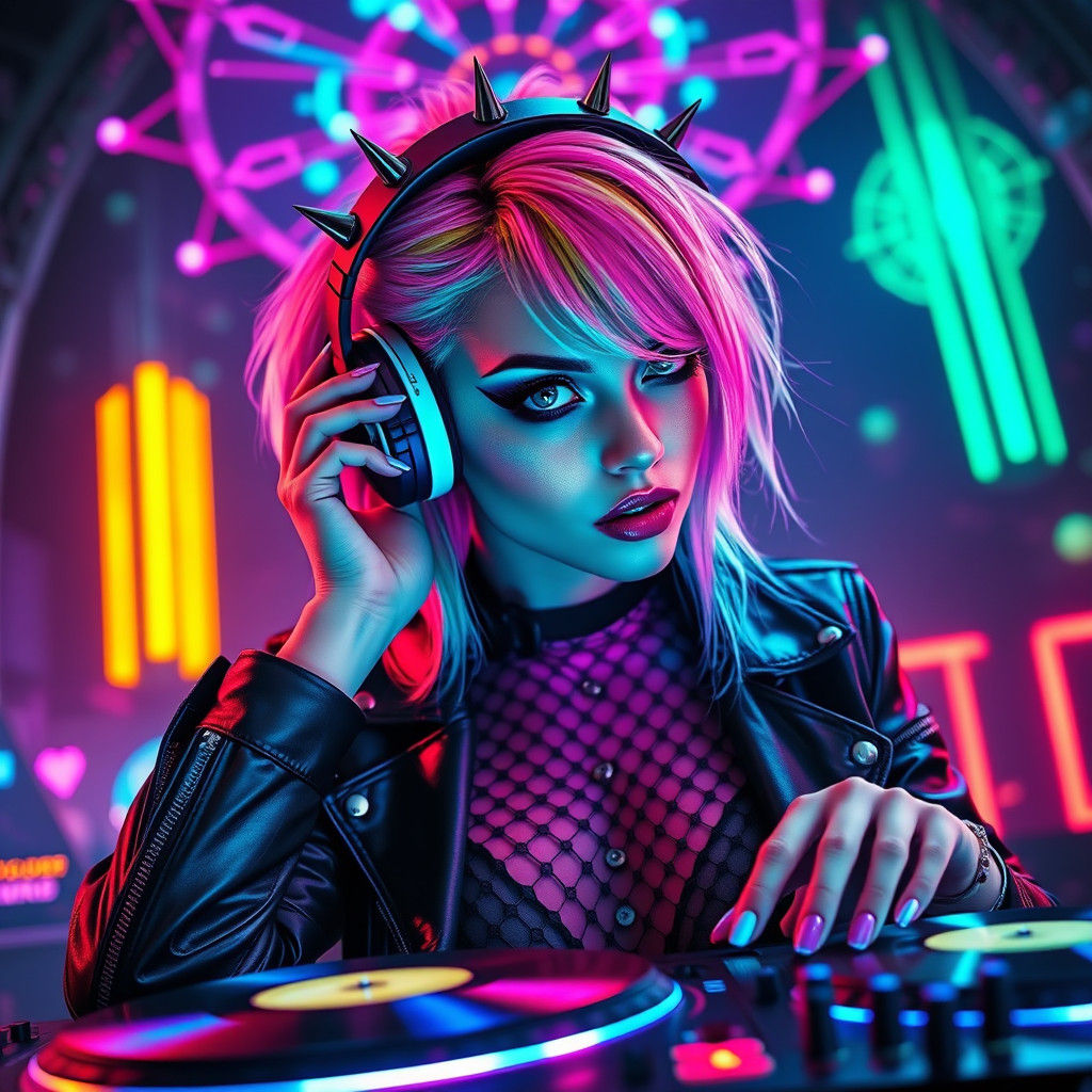 Cyberpunk DJ with Neon Lights and Acid Hair