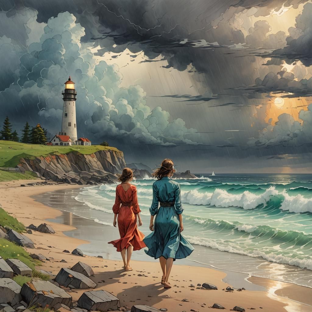 Stormy Lighthouse Scene with Distant Figure, Pencil Sketch