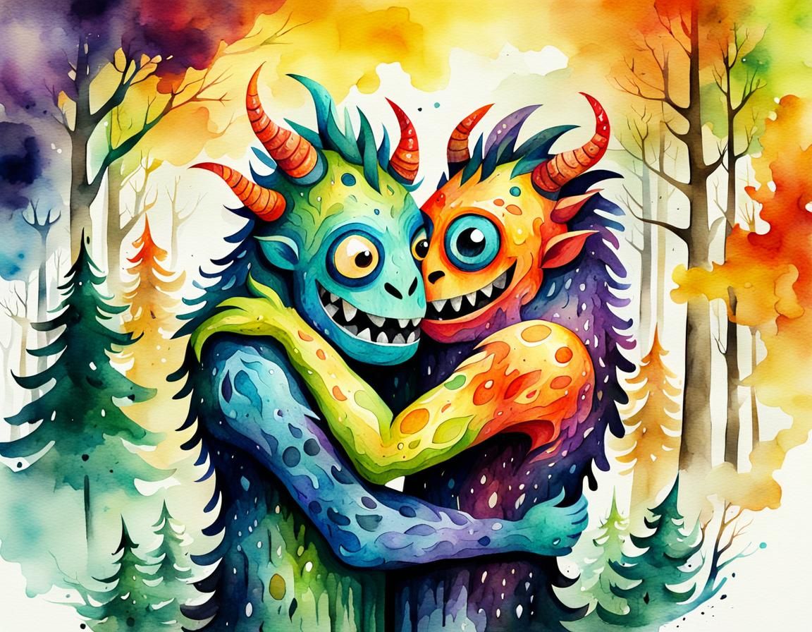 Watercolor Illustration of Two Monsters Hugging