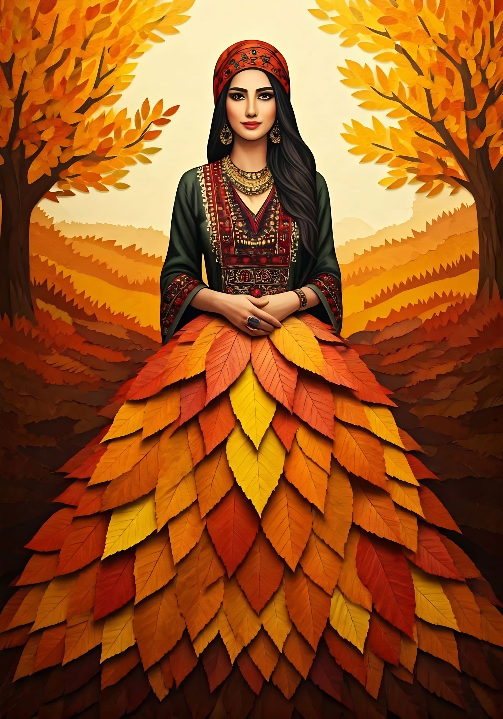 Palestinian Woman in Autumn Leaf Dress: Paper Collage Art