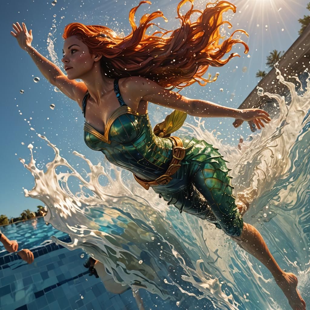 Ariel's Plunge: Hyper-Realistic Poolside Splash