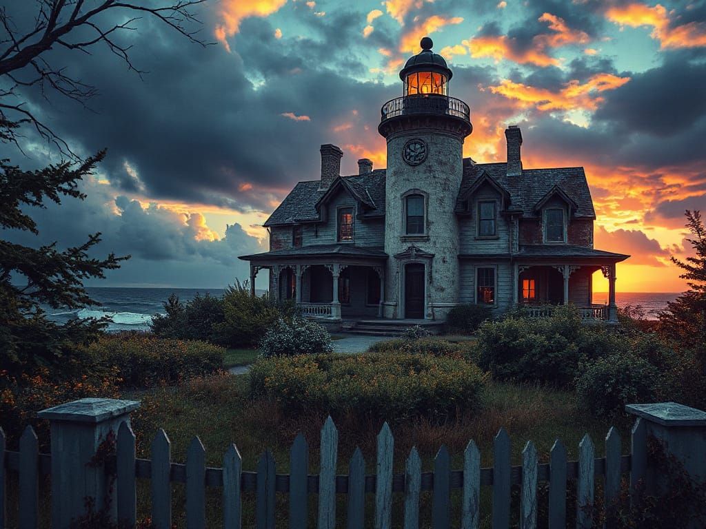 Vintage Lighthouse in Stormy Halloween Sunset