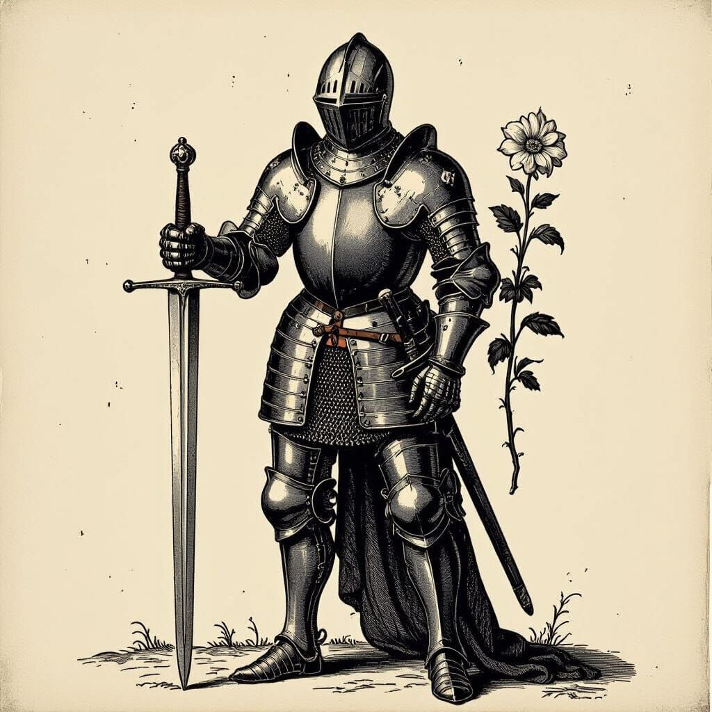 Dark Armored Knight with Sword and Flower in Baroque Style