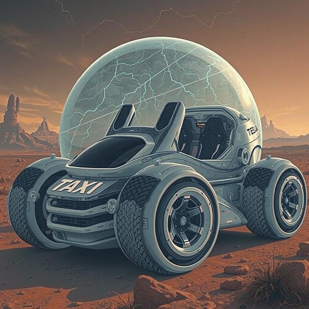 A Self driving, sleek, metallic Tesla Taxi with a force field dome and polished chrome accents, its electric blue stripe...