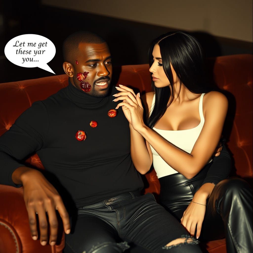 An image of kanye West sitting on a couch next to kim Kardashian his face is covered with disgusting oozing warts kim po...