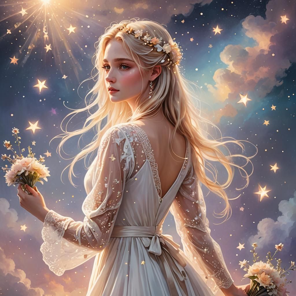 Girl with Star Bouquet in Ethereal Sky Illustration