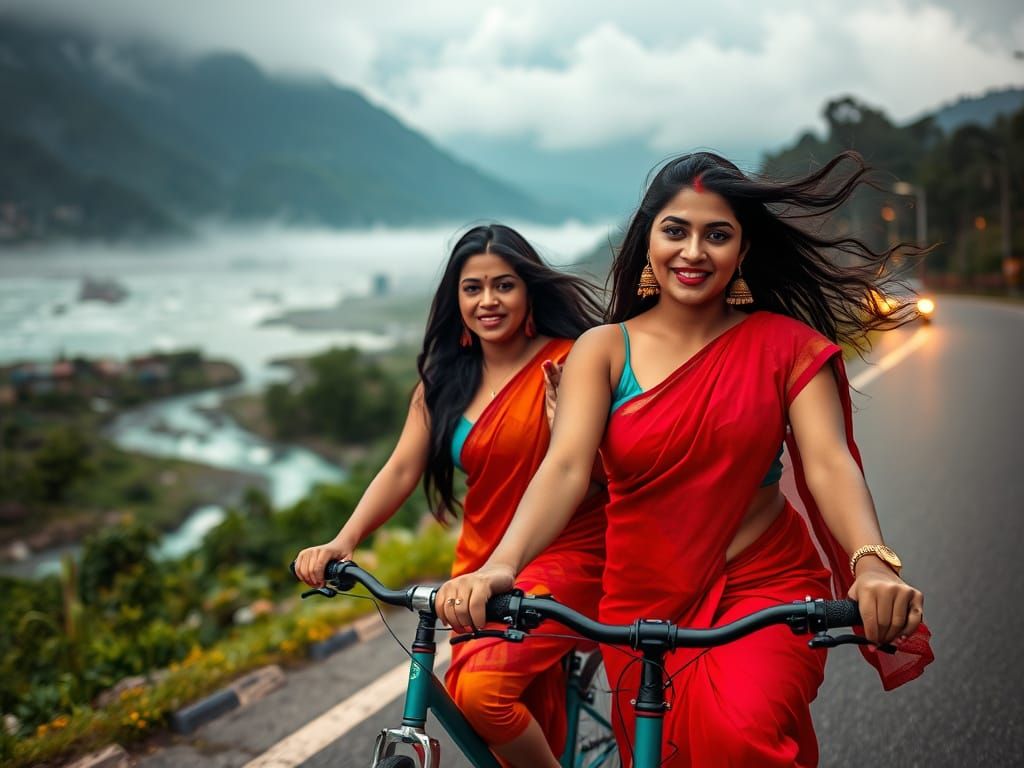 Confident Young Women Cycling Through a Foggy Urban Landscap...
