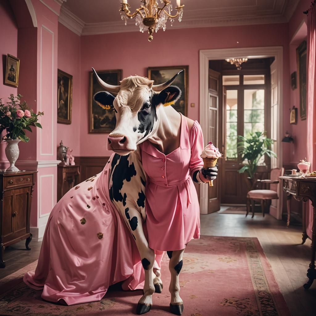 Cow in Pink Dress with Ice Cream in Villa