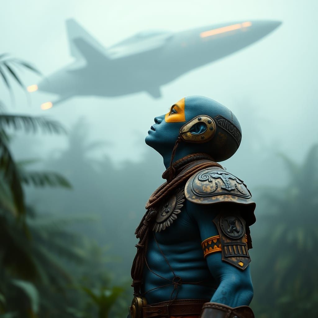 Futuristic Aztec Warrior in Cyberpunk Jungle Scene