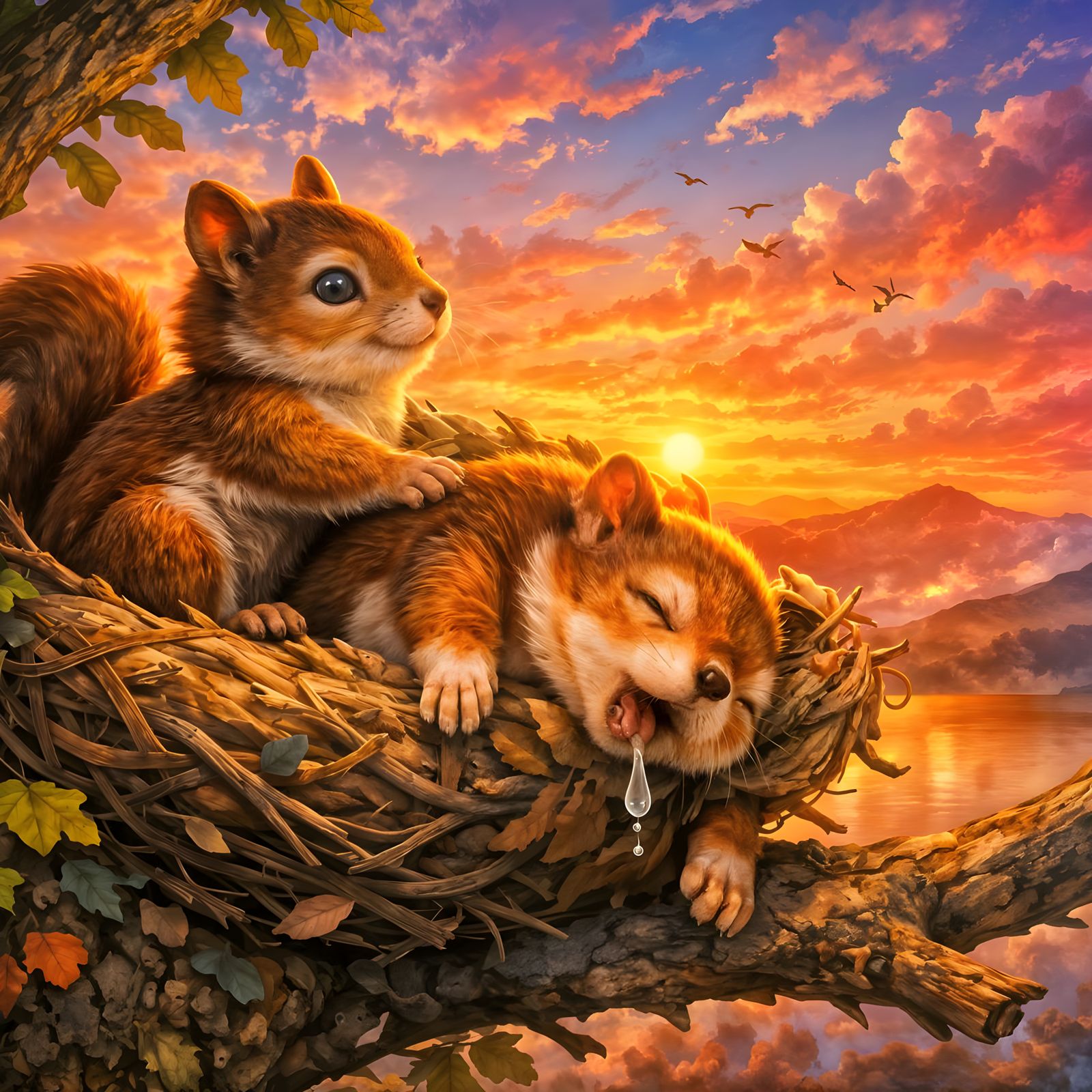 Cute Squirrels Napping During a Colorful Sunrise
