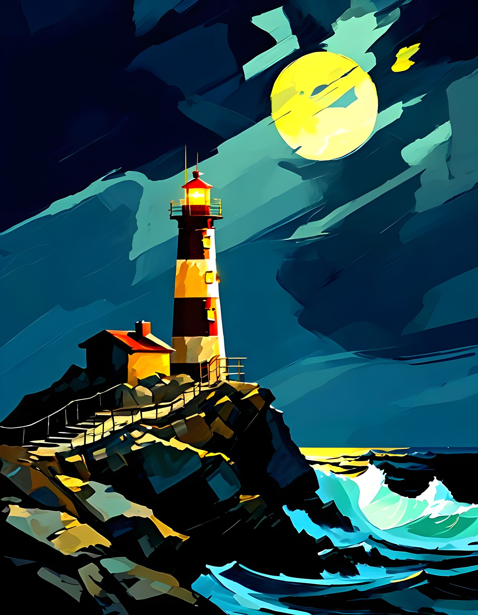 Stormy Lighthouse Painting in Style of Egon Schiele