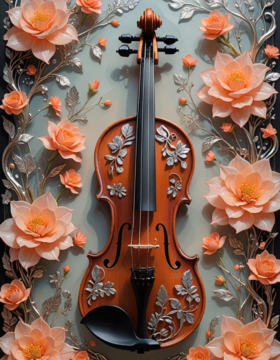 Surreal Violin with Floral Double Exposure
