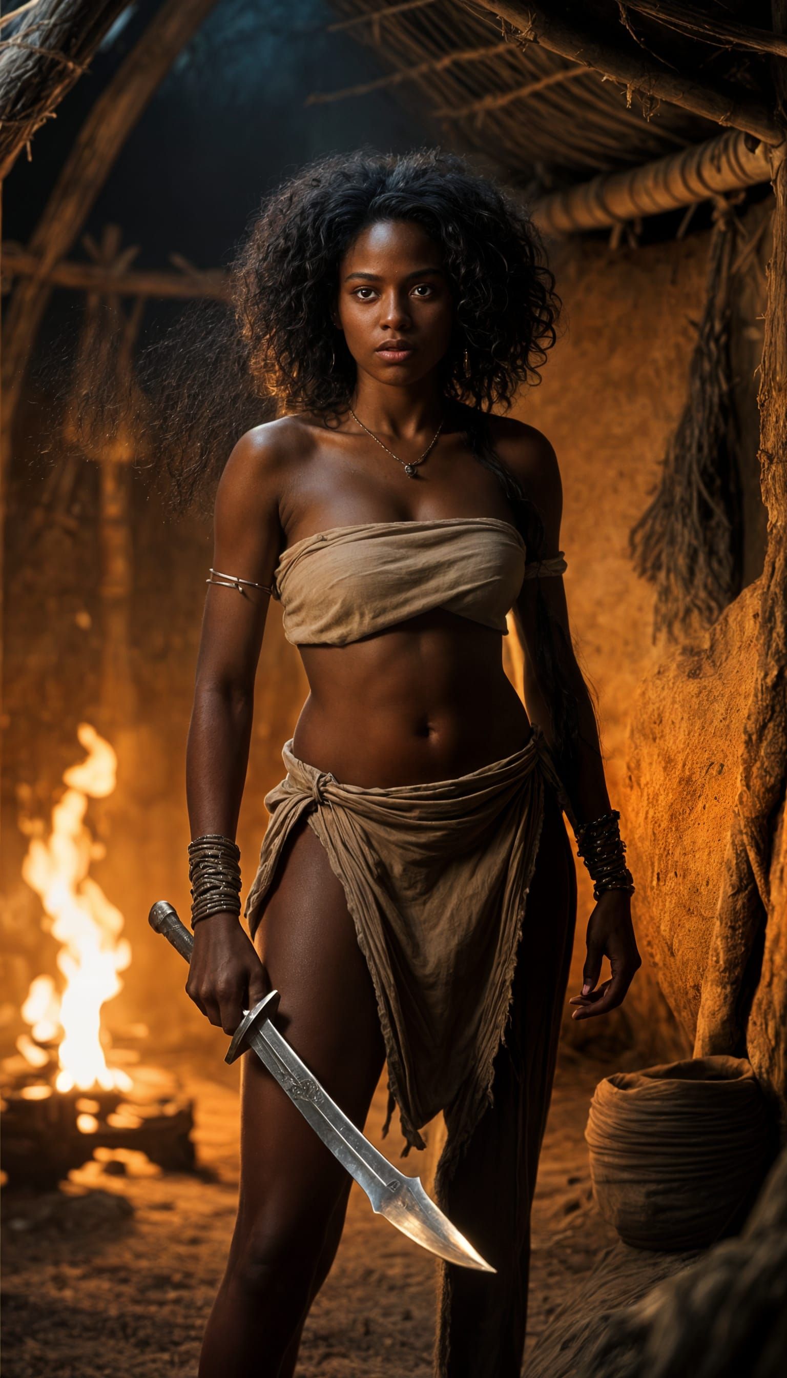 Native Warrior Woman with Dagger in Hut