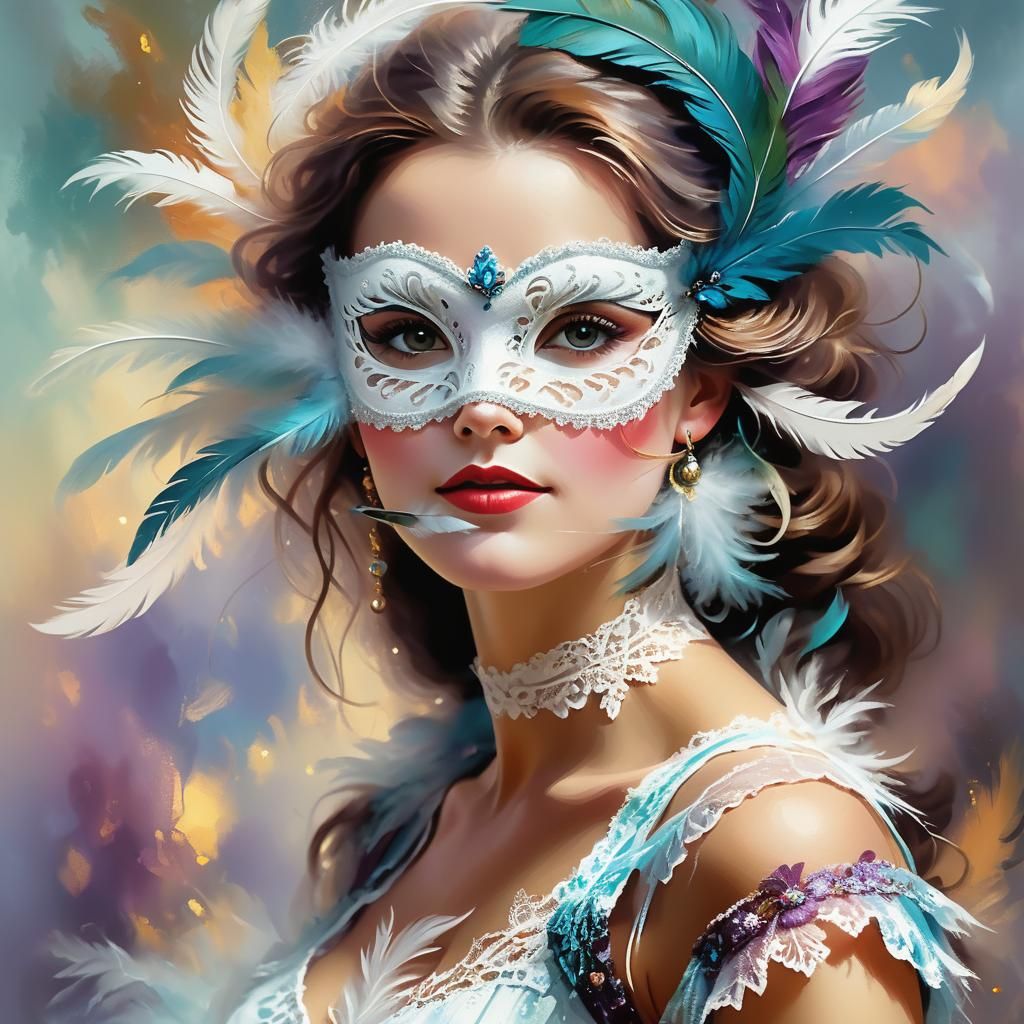Feathered Mask Portrait in Impressionistic Style