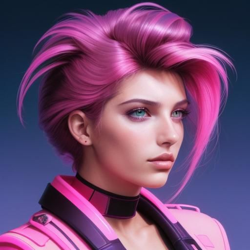 Woman with Dark Curls in Synthwave Neon