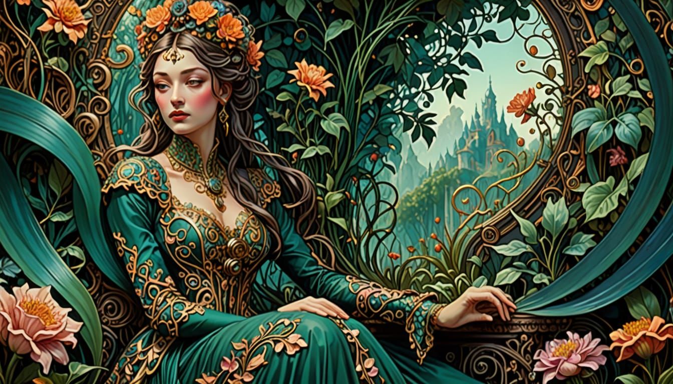 Steampunk Art Nouveau Woman in Vibrant Garden