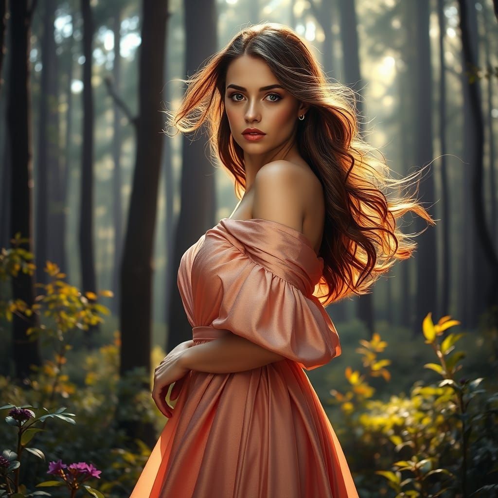 a captivating woman immersed in a mystical forest setting. The highly detailed and realistic illustration focuses on the...
