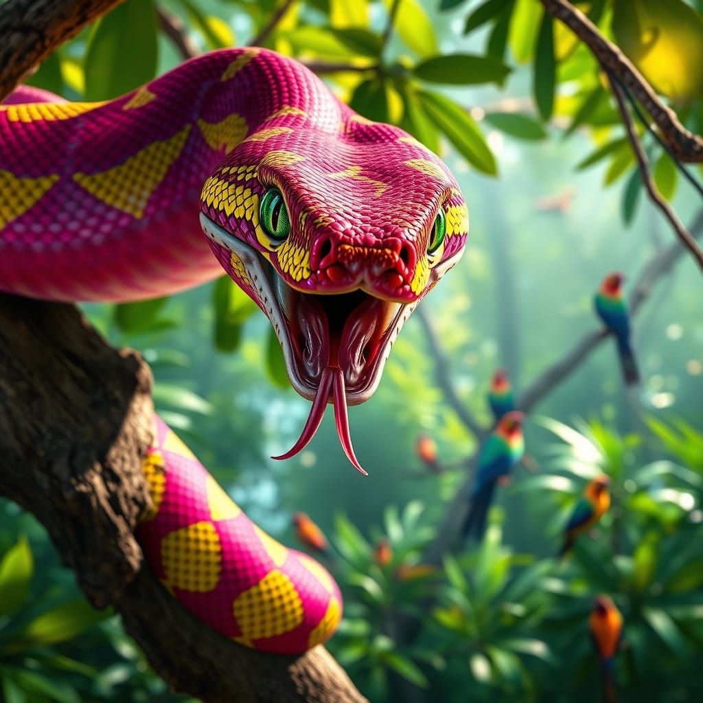 Fuchsia Boa in Tropical Forest, 3D Cinematic Style