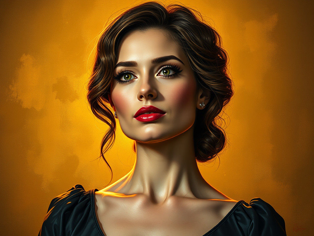 Confident Woman Exudes Captivating Charm in Vibrant, Golden...