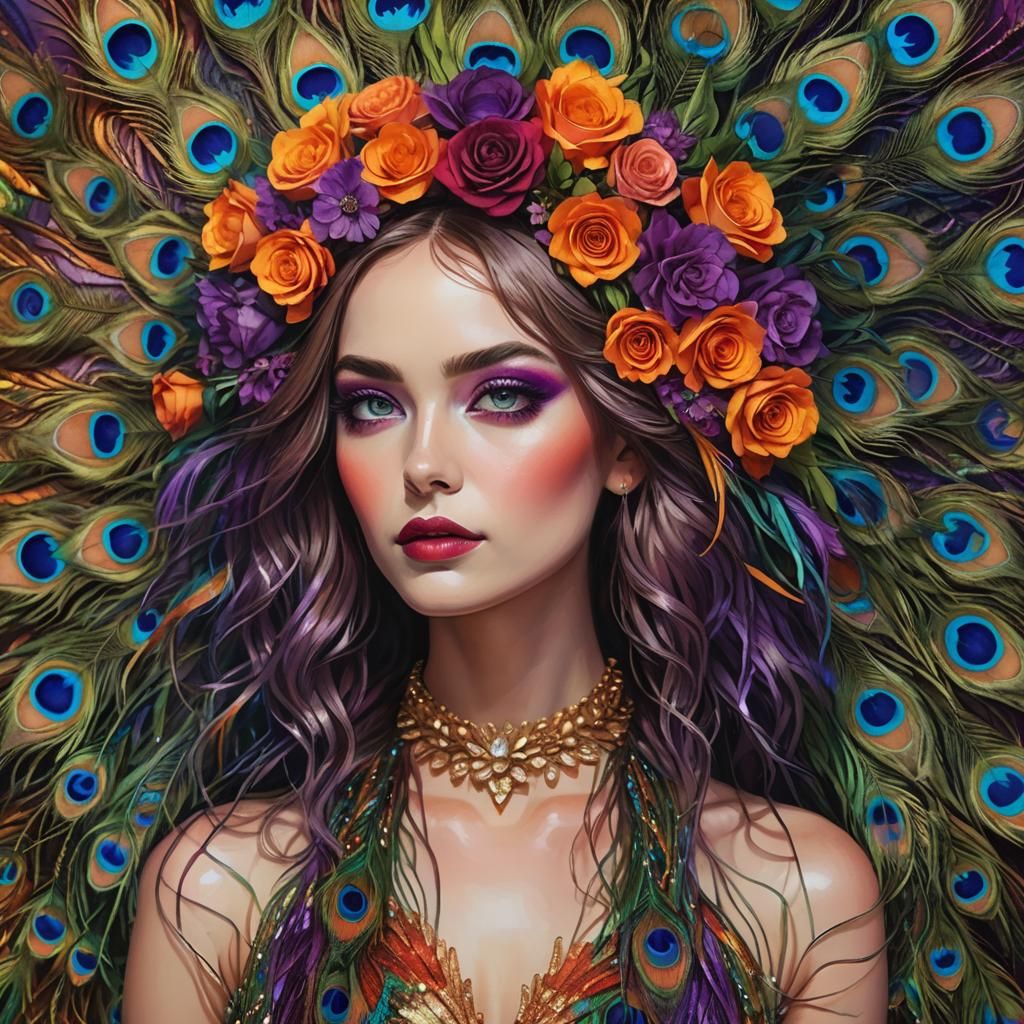 Peacock Woman Portrait with Rose Gold Highlights