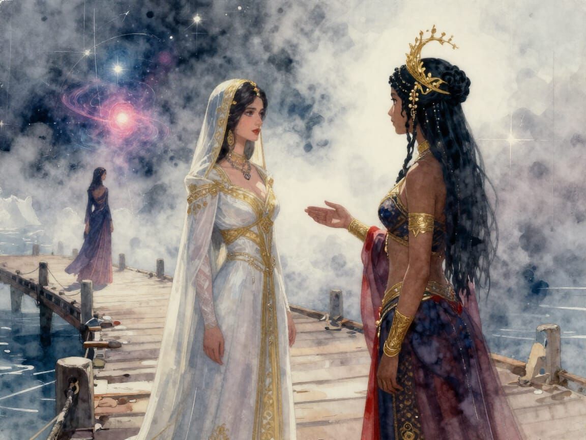 Cyberpunk Queens Greet on Foggy Pier Watercolor Painting