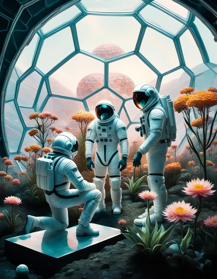 Surrealist Space Colony: Astronauts Tend Bioluminescent Flow...