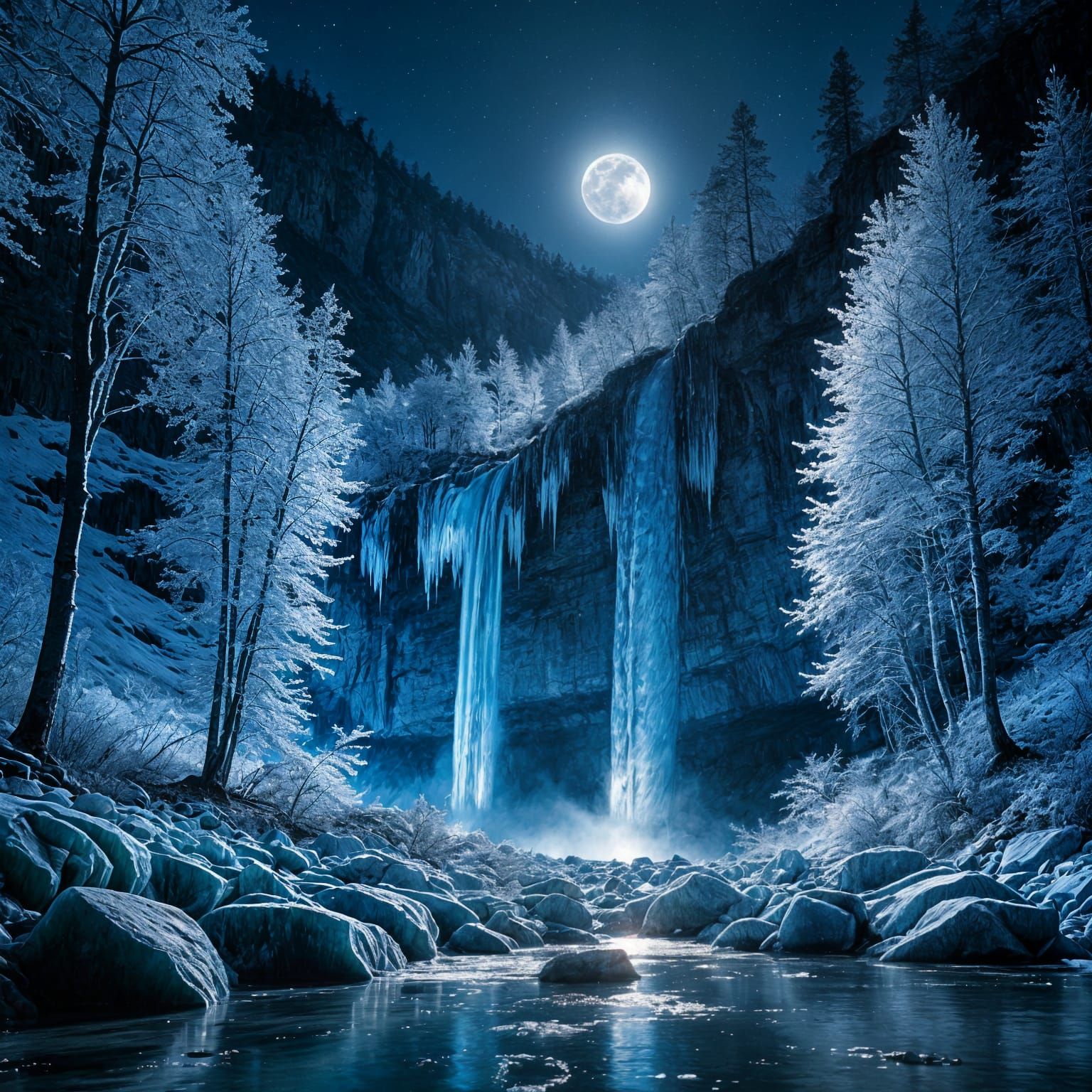 Moonlit Frozen Waterfall in Sapphire and White