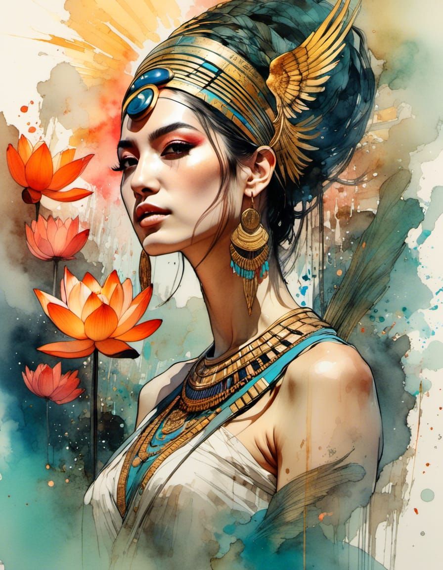 Egyptian Goddess of Love in Watercolor Style