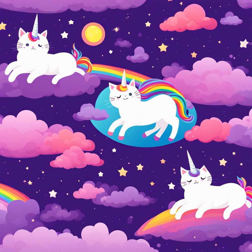 Unicorn Cat Floating in Rainbow Sky