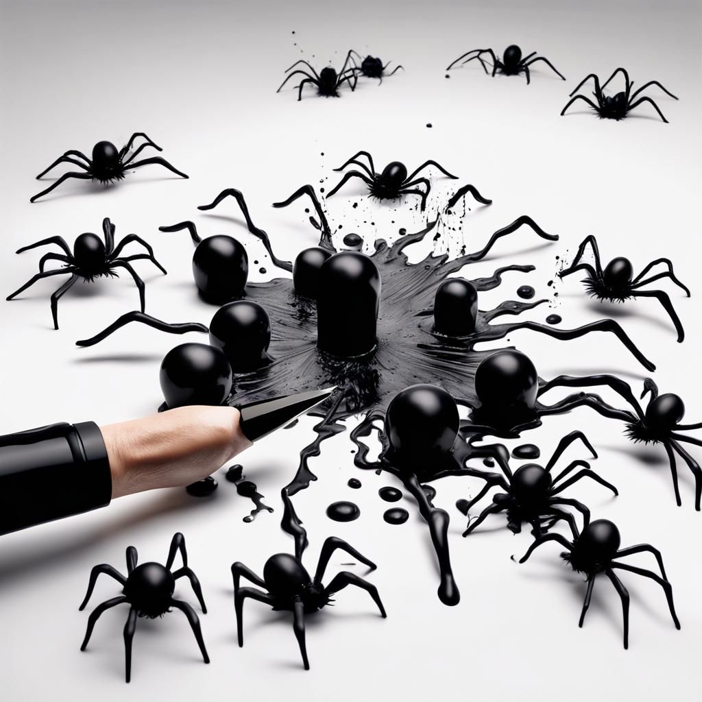 Hand Smashes 3D Ink Spiders on White Ground