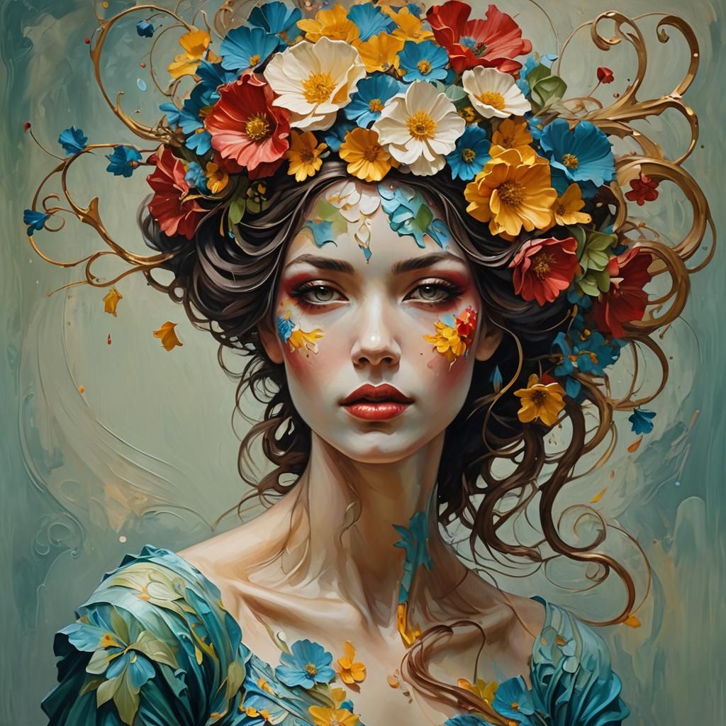 Flowered Woman: An Impasto Art Nouveau Portrait