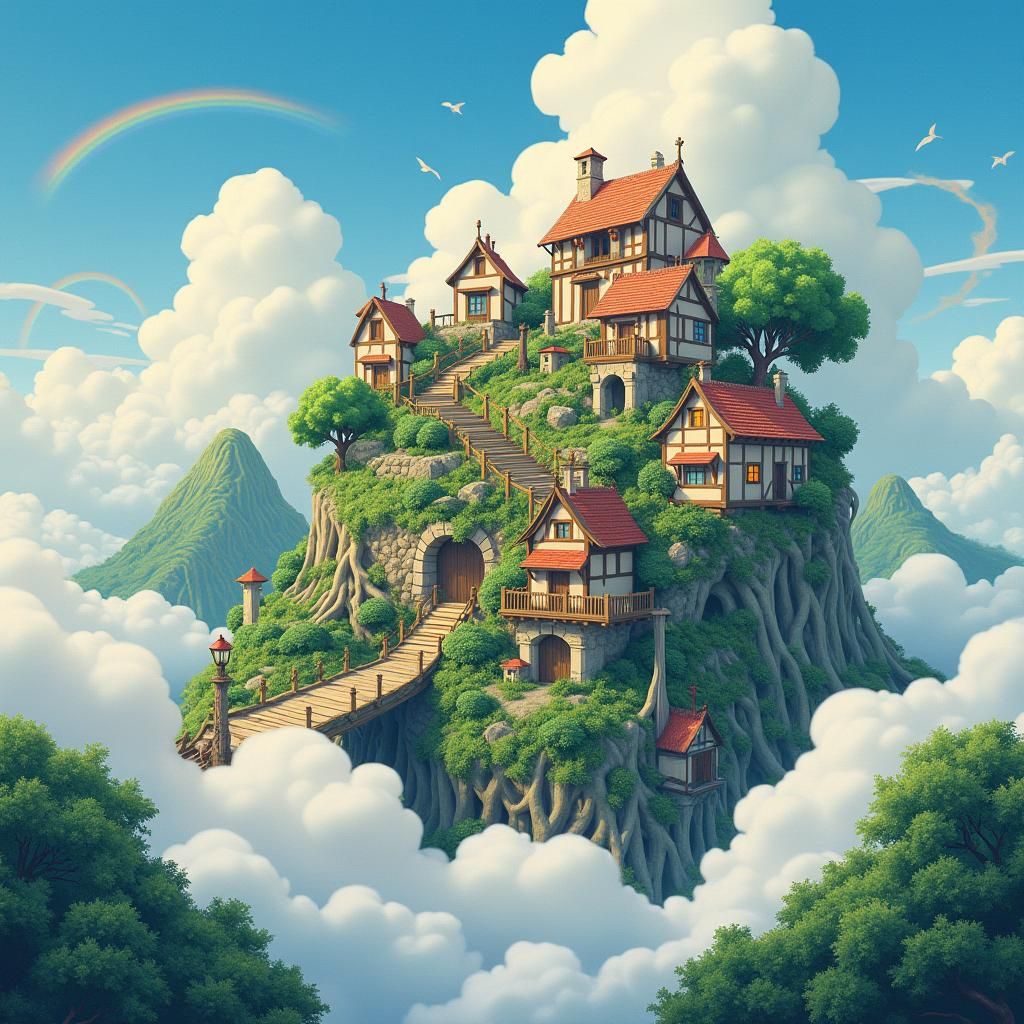 Anime Village in the Clouds, Matte Painting