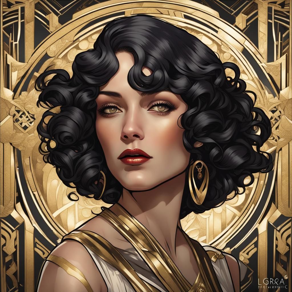Art Deco Portrait of Vintage Woman with Golden Details