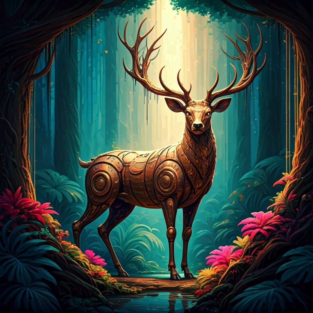 Steampunk Deer in Bioluminescent Forest