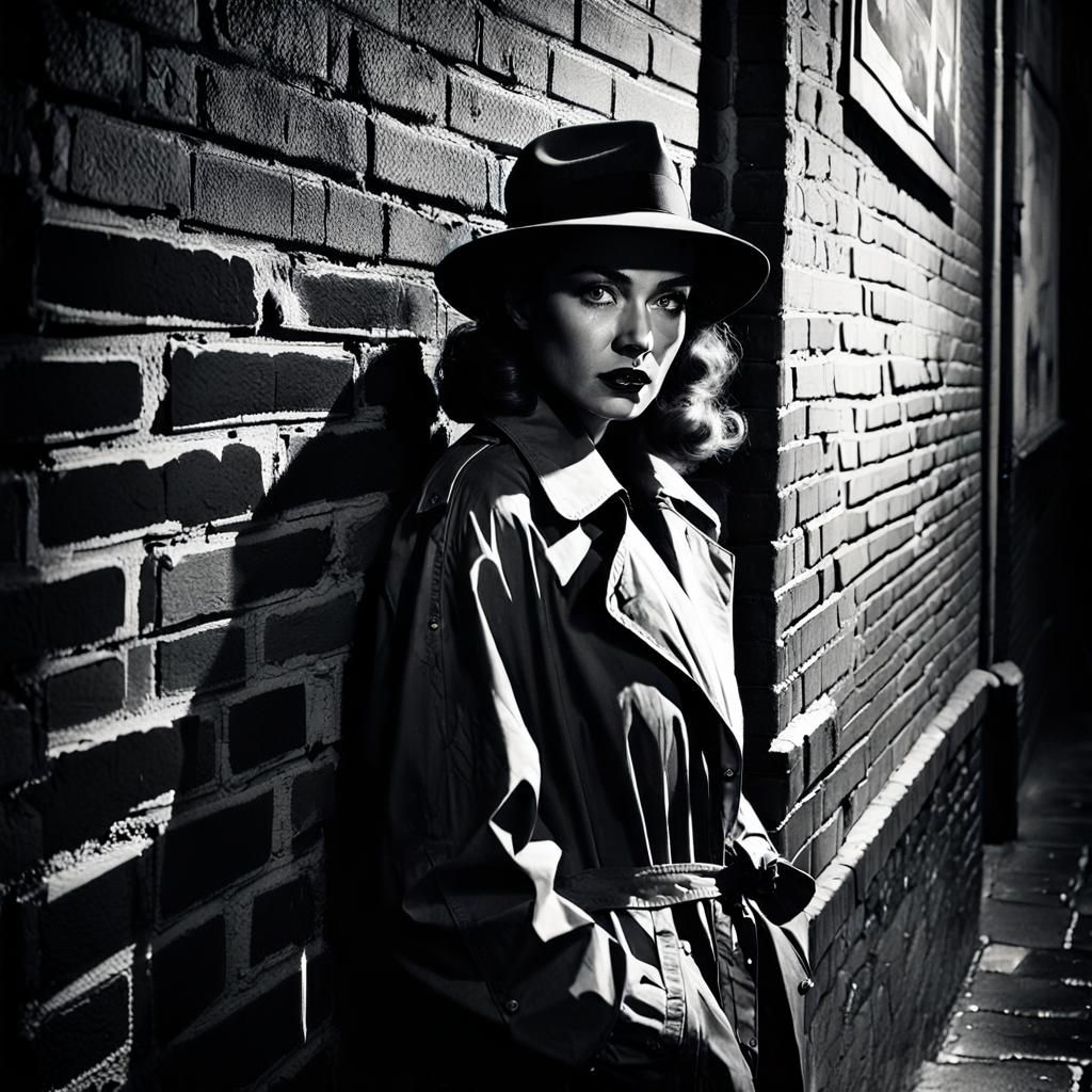 Film Noir Portrait of Woman in Rainy Alley