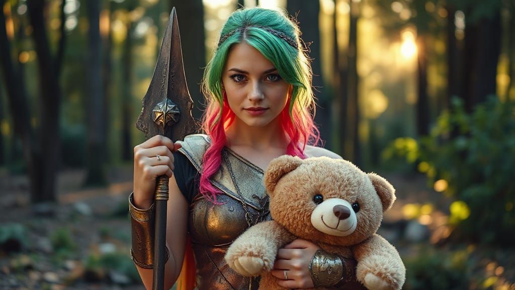 Amazon Warrior with Teddy Bear, Kawaii Style