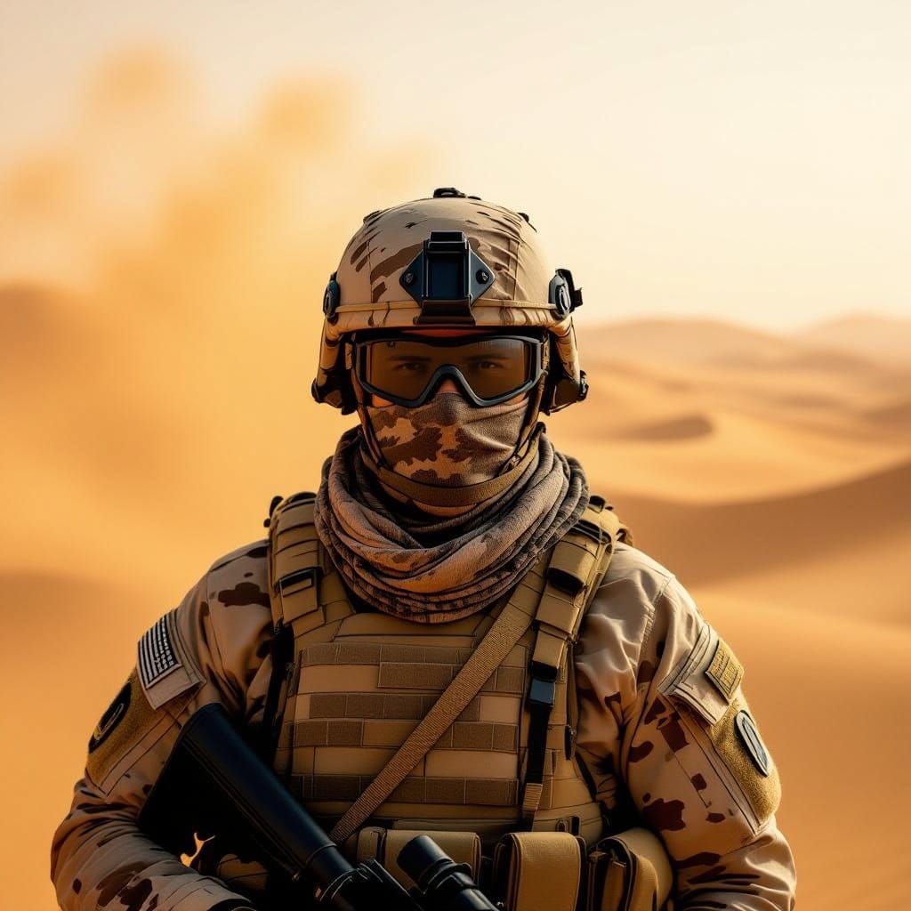 Soldier in Desert Sandstorm, Photorealistic Style