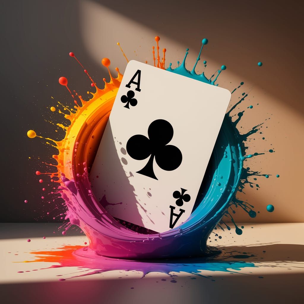 Ace of Clubs Emerges from Vibrant Paint Splashes in Warm Lig...